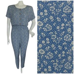 Vintage RAFAEL Jumpsuit, S, Blue Floral, Rayon, Smocked waist, ankle length